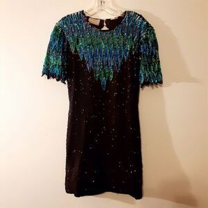 Vintage Stenay Silk Beaded Party Dress, Peacock Colors No Size Tag